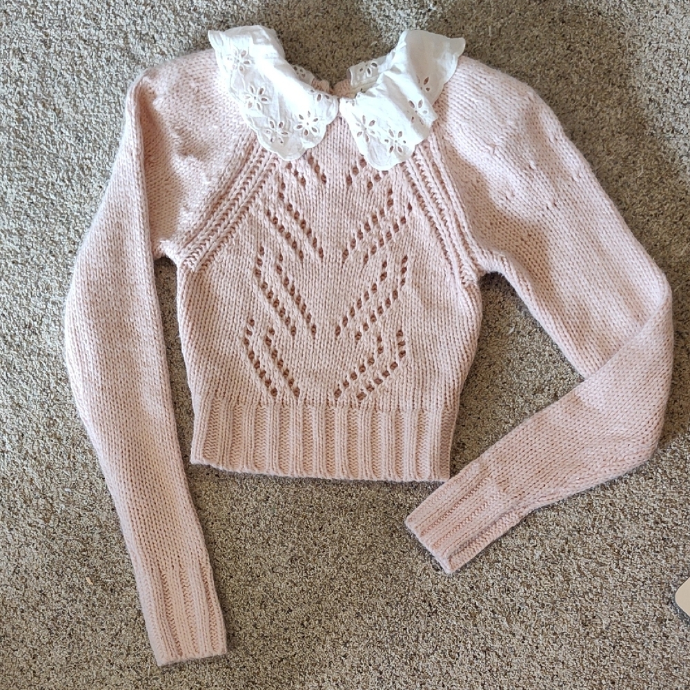 For Love And Lemons Pastel Pink Knit Sweater with White Collar XS